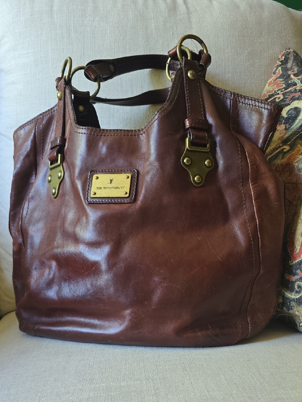Frye Chestnut Brown Leather Shoulder Bag with Brass Accents